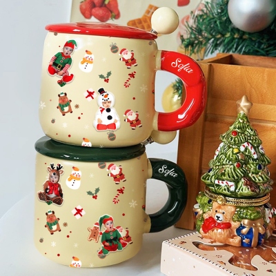 Personalized Name Christmas Theme Mug with Magnetic Photo Decors, Ceramic Mug with Lid and Spoon, Christmas Stocking Stuffer, Christmas Gift for Kids
