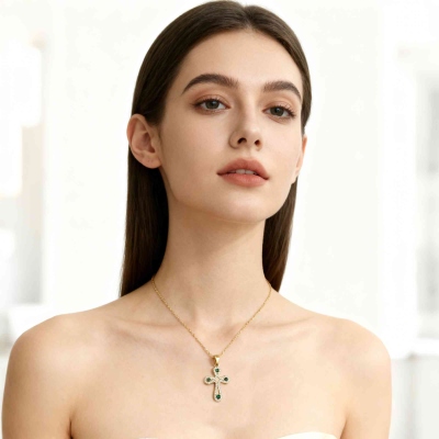 Custom 1-4 Birthstones Cross Necklace, Elegant Sterling Silver 925 Christian Faith Jewelry, Birthday/Baptism/Christmas Gift for Family/Women/Friends