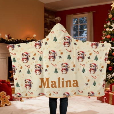 Personalized Christmas Cartoon Animals Soft Hooded Blanket with Name, Multicolor Christmas Hooded Blanket, Christmas Gift for Kids
