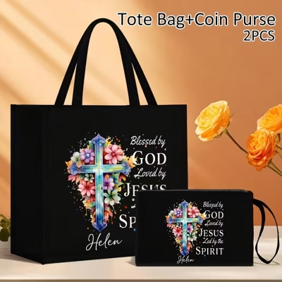 Personalized Name Cross Bible Verses Floral Tote Bag & Coin Purse Set, Christening Scripture Bag, Birthday/Christmas/First Communion Gift for Women
