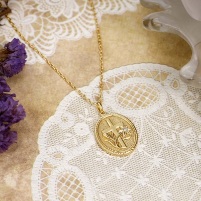 Personalized Birthstone Lily Cross Necklace, Sterling Silver 925 Medallion Pendant with Gemstone & Floral, Christian/Birthday/Christmas​ Gift for Her