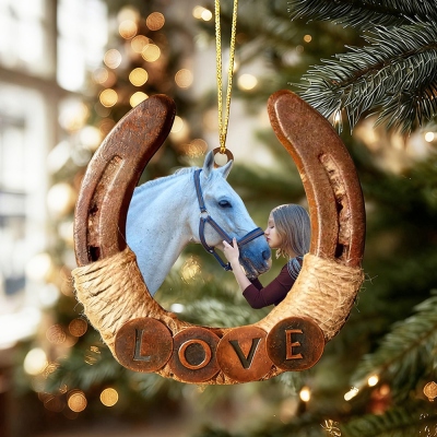 Personalized Name & Photo Horseshoe Christmas Ornament, Custom Portrait Hanging Holiday Decor, Christmas Gift for Horse Lovers/Riders/Equestrians