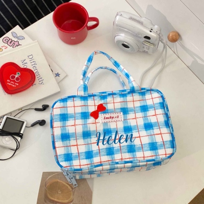 Personalized Name Blue Plaid Handbag with Bow, Multi-Compartment Makeup Organizer, Travel Makeup Bag, Christmas/Birthday Gift for Her/Girls/Daughters