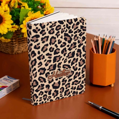 Personalized Animal Print Notebook, Custom Name Journal, Multi-Color Leopard & Highland Cow Pattern, Stylish Gift