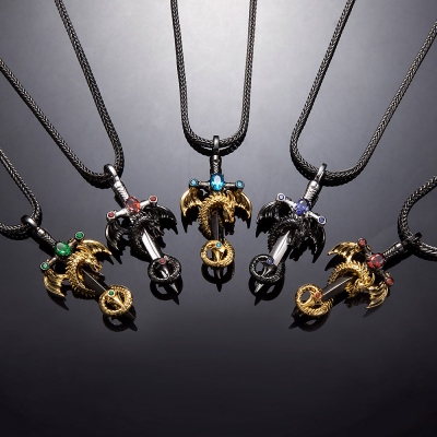 DND Sword Dragon Necklace with Birthstone, Brass Necklace, DND Jewelry Gift for Him, Dragon Gift for Dragon Lovers
