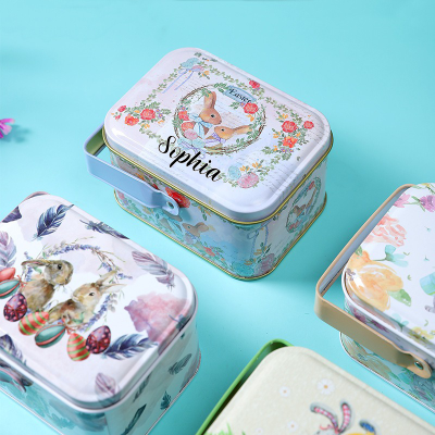 Personalized Easter Bunny Candy Storage Box, Cute Custom Name Bunny Cookie Tin Box with Handle, Easter Party Favor, Easter Gift for Kids/Boys/Girls