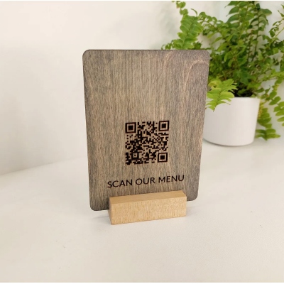 Custom Engraved Wooden QR Code Menu Sign for Cafe Bar