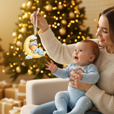 Personalized Name Baby's First Christmas Ornament, Acrylic Newborn Sleeping in Moon Hanging Keepsake, Christmas Gift for Newborns/New Parents