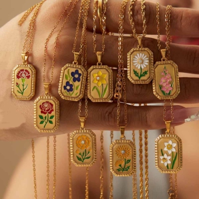 Custom Name Epoxy Birth Flower Necklace, Sterling Silver 925 Pendant Necklace, Vintage Floral Jewelry, Birthday/Mother's Day Gift for Her/Mom/Grandma