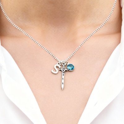Custom Initial & Birthstone Sword-Shaped Pendant Necklace, Sterling Silver 925 Fantasy Jewelry, Gift for Romantasy Book Lovers/Tabletop Gamers/Her
