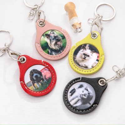 Custom Pet Photo Leather Keychain with Message, Personalized Picture Text Keychain, Memorial/Pet Sympathy Present, Gift for Pet Lover/Owner