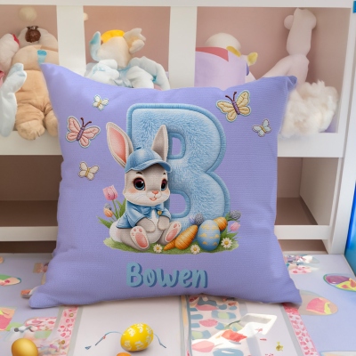 Personalized Name Floral Bunny Alphabet Throw Pillow Cover, Pillowcase with Optional Insert, Nursery Decor, Birthday/Easter Gift for Kids/Boys/Girls