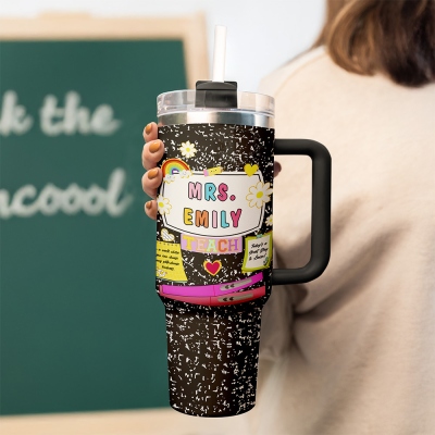 Personalized Name Composition Notebook Teacher's Tumbler, Stainless Steel 40oz Travel Mug with Handle, Back to School/Appreciation Gift for Teachers