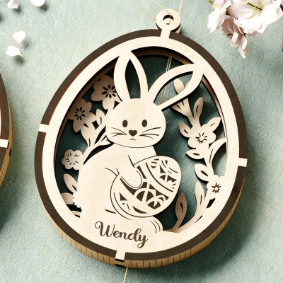 Personlig kanin påskägg blommig laserskuren ornament med namn, söt 3D-lagerhängande dekor, påskminne, påskpresent till barn/familj/vänner