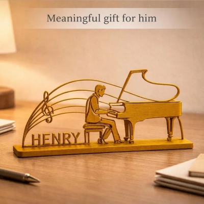 Personalized Male Pianist Silhouette Art Decor with Name, Colorful Piano Ornament with Base, Birthday/Anniversary Gift for Pianist/Music Teachers/Him
