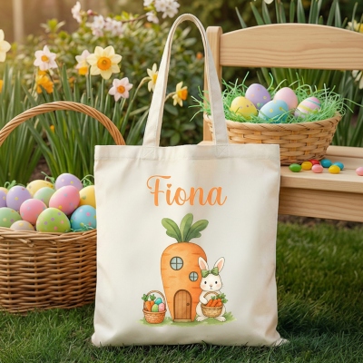 Personalized Name Cartoon Bunny & Carrot House Design Tote Bag, Large Capacity Canvas Easter Egg Hunt Bag, Easter Gift for Kids/Boys/Girls