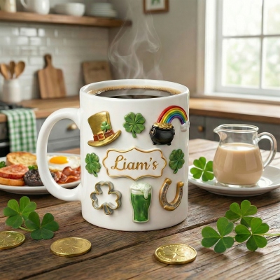 Mug vert personnalisé pour la Saint-Patrick, en céramique, 325 ml (11 oz) avec trèfle porte-bonheur, arc-en-ciel et or, cadeau idéal pour la Saint-Patrick pour la famille et les amis irlandais.