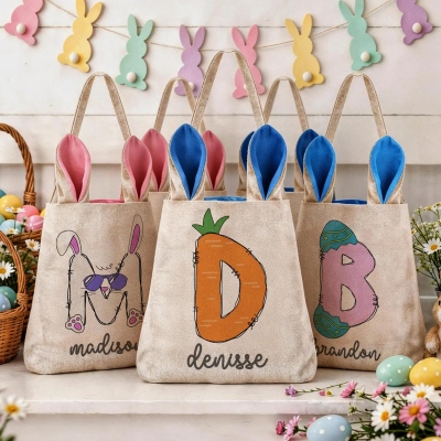 Personlig påskharepåse med namn, påskäggjaktspåse i bomullslinne med kaninöron, vårfestgåva, påskpresent till barn/pojkar/flickor