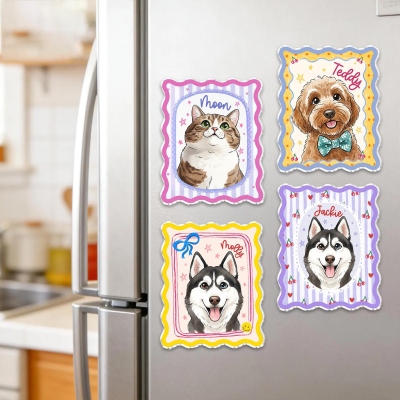 Personlig akvarell husdjursporträtt tecknad kylskåpsmagnet med namn, söt katt/hund fotorammagnet, heminredning, födelsedagspresent för husdjursägare/älskare