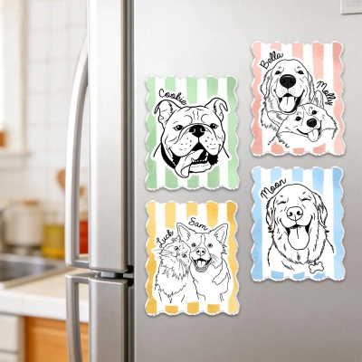 Anpassad randig kylskåpsmagnet med namn och husdjursporträtt, handritad hund-/kattfotomagnet med linjekonst, heminredning, födelsedagspresent till husdjursägare/hundmamma/familj