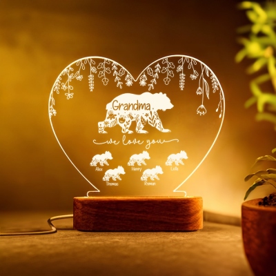 Personalized Floral Bear Family Heart Night Lamp with Names, Night Light with Wooden Base, Home Decor, Birthday/Mother's Day Gift for Family/Mom