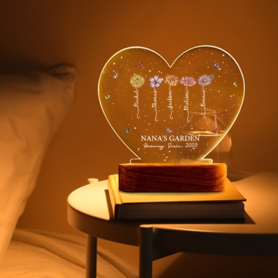 Custom Names & Birth Flowers Grandma's Garden Heart LED Night Light, Acrylic Night Lamp with Wooden Base, Birthday/Mother's Day Gift for Mom/Grandma
