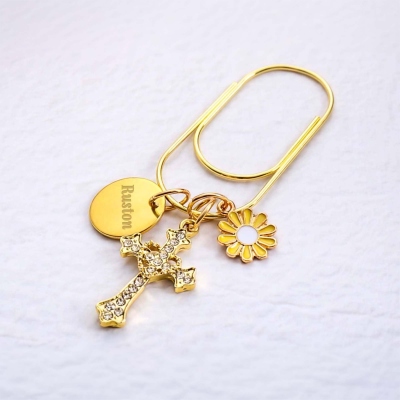 Personligt graverat namn mini-gem med kors och prästkrageberlock, elegant metallbokmärke, kristen kalendertillbehör, present till henne/bokälskare