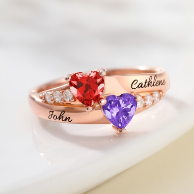Engraved Double Heart Birthstone Ring Sterling Silver