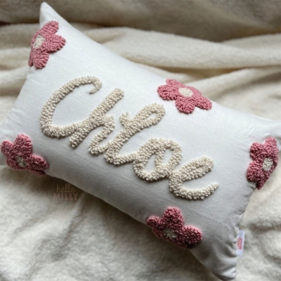 Daisy Personalized Punch Needle Decorative Cushion, Kids Room Decor Name Pillow, Girls Baby Room Nursery Floral Initial Decoration Gift