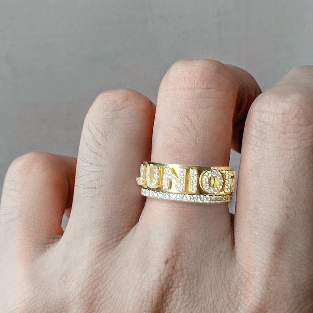 Custom 18K Gold Block Ring with Zirconia, Sterling Silver 925 Jewelry ...