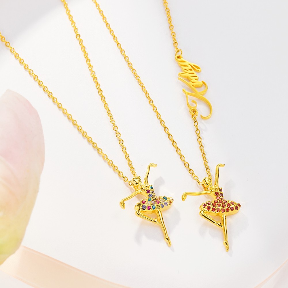 Ballerina Name Necklace for Girl, Silver Dancer Necklace with Rainbow Gemstone, Ballet Dancer Pendant Name Necklace, Girls Ballet Class Gift