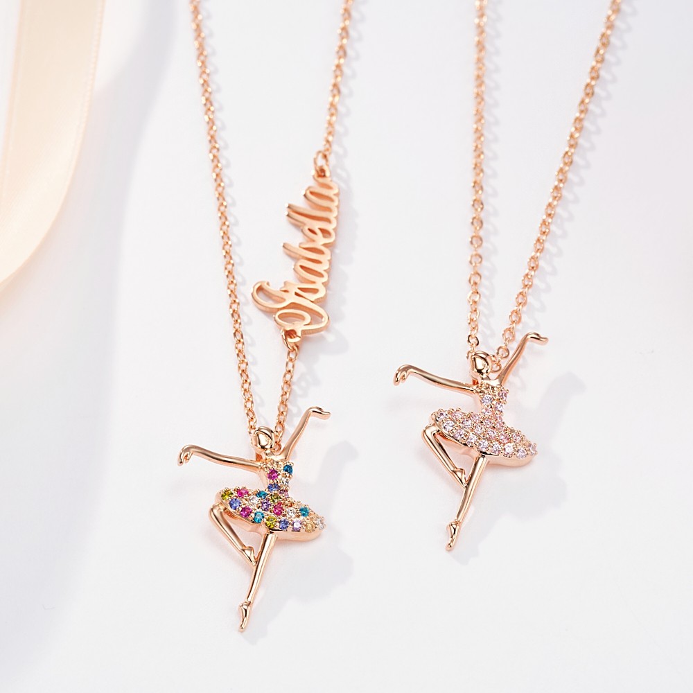 Ballerina Name Necklace for Girl, Silver Dancer Necklace with Rainbow Gemstone, Ballet Dancer Pendant Name Necklace, Girls Ballet Class Gift