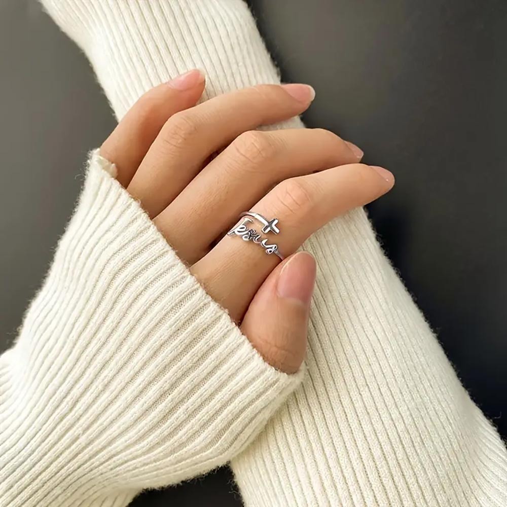 925 Sterling Silver Ring Fashionable Cross with 'Jesus' Design Adjustable Wrap Ring Matches Everyday Clothing Suitable for Men and Women