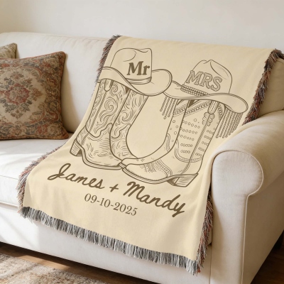Personalized Names Western Theme Wedding Blanket with Tassels, Mr & Mrs Cowboy Boots Bed Couch Throw, Anniversary/Wedding Gift for Brides/Newlyweds