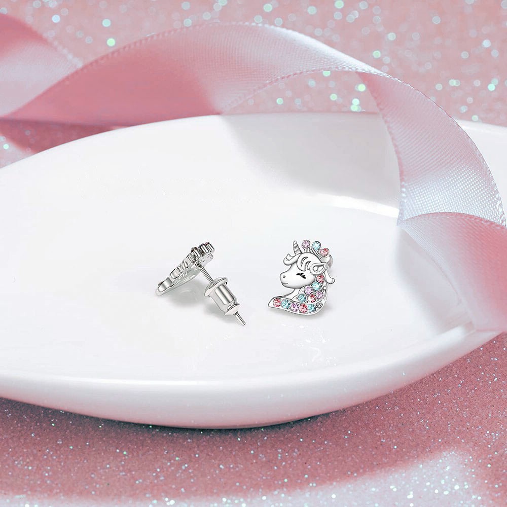 Orecchini A Cerchio Con Unicorno In Argento 925 E Cristallo Rosa - Regalo Perfetto Per Ragazze E Donne, Ipoallergenici
