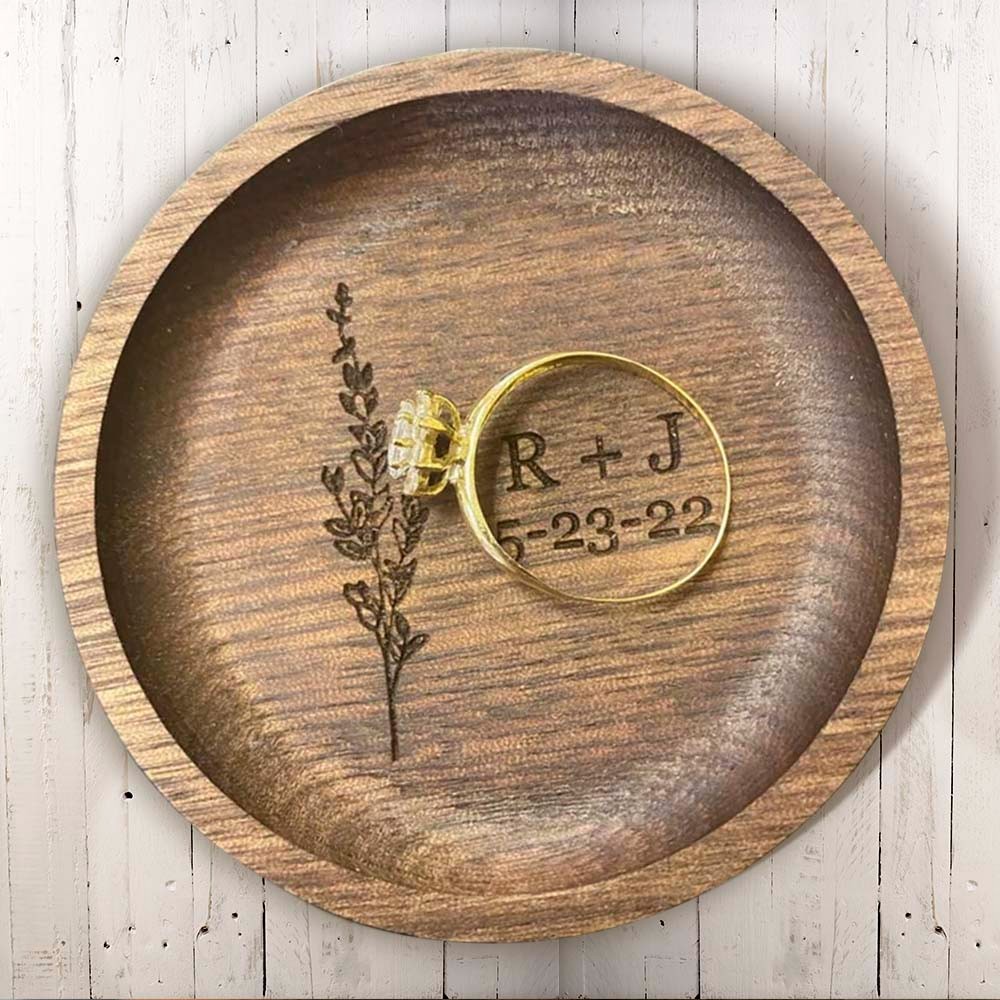 Personalized Floral Ring Dish Ring Holder, Wooden Engagement Ring Dish