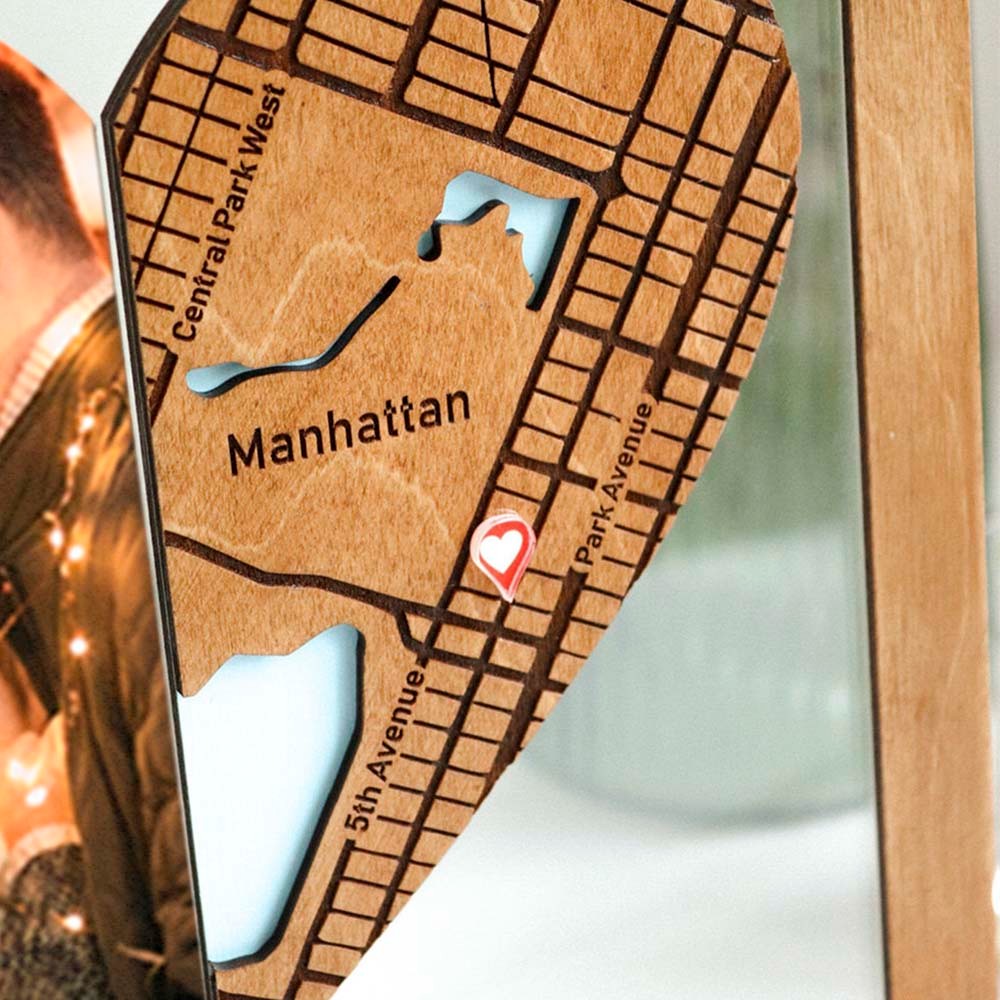 Personalized Couple Map Photo Frame, Map of Where We Met Frame, Wooden