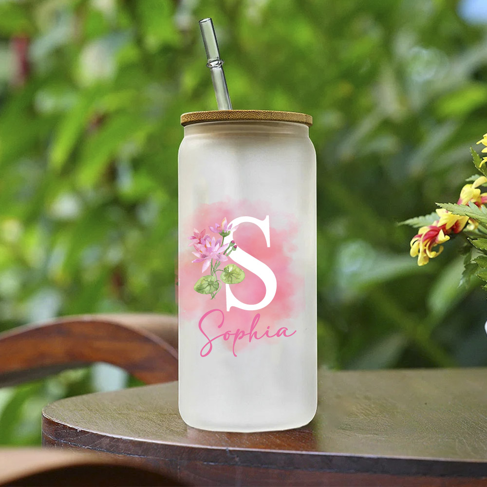 Personalized Flower Glass Can Cup, Frosted Glass Can Cup, Gift for her,  Bridal Party Gift