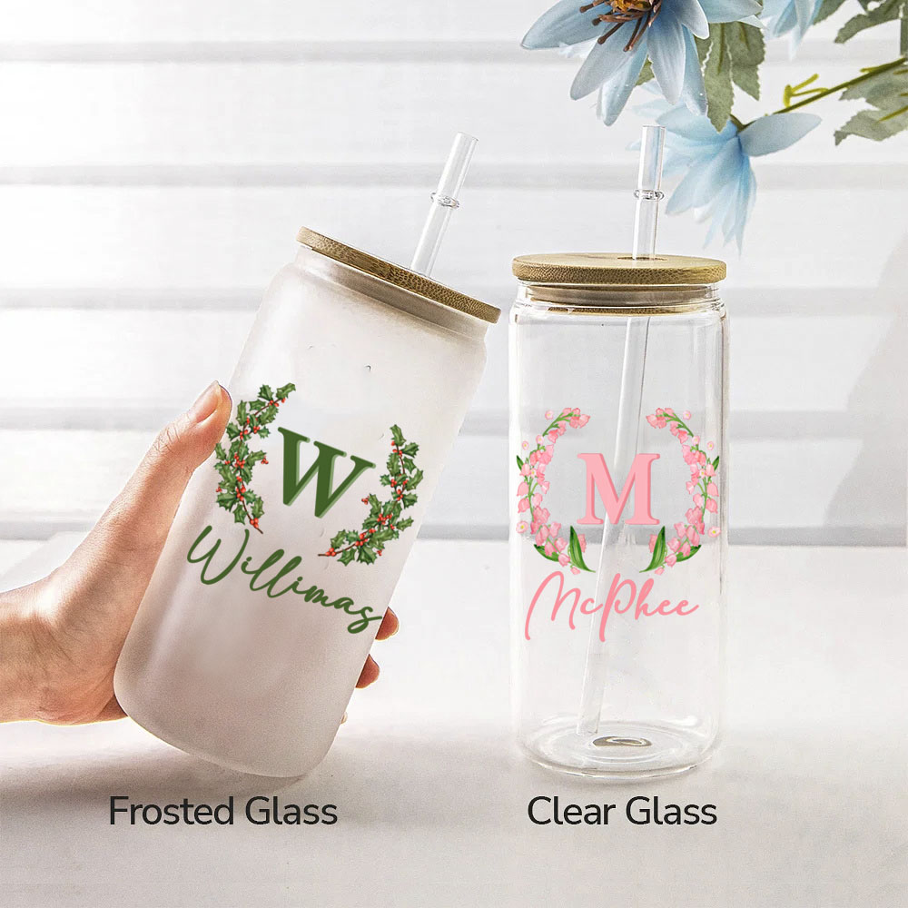 Floral Frosted Glass Can Cup | Glass Can Cup | Frosted Glass Can Cup | Iced  Coffee Cup