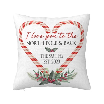 Benutzerdefinierter Herz-Zuckerstangen-Kissenbezug, „I Love You to the North Pole“ und Rückenkissen, Wohndekoration, Weihnachtsgeschenk, Geschenk für Großeltern/Familie