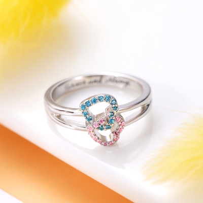 Engraved Double Heart Ring with Birthstone by Sterling Silver