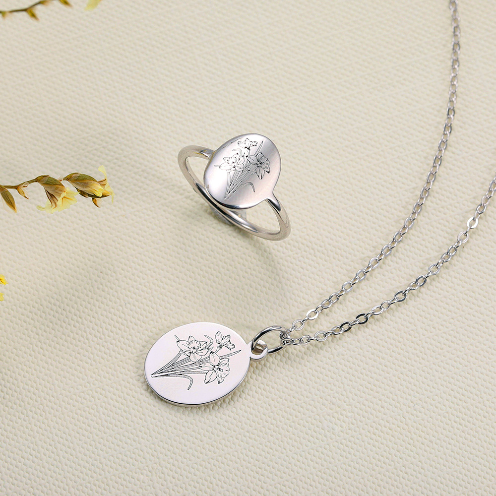 Personalized Birth Flower Necklace & Ring With Engraving