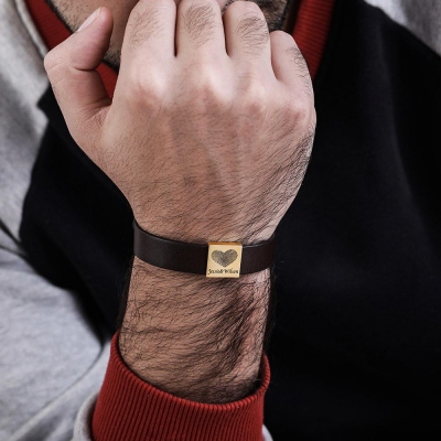 Personalized Men's Leather Bracelet with Couple's Fingerprint