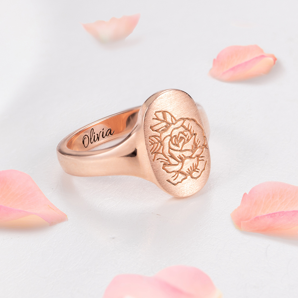 Personalized Birth Flower Signet Ring