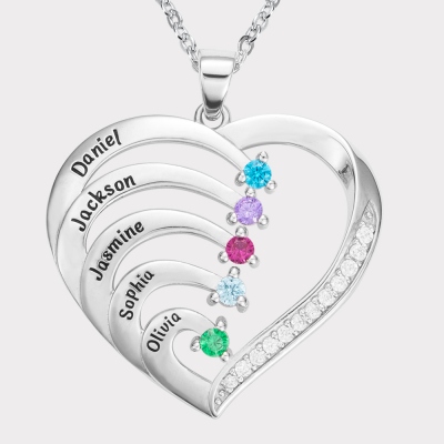 Personalized 5 Names and 5 Birthstones Family Heart Necklace