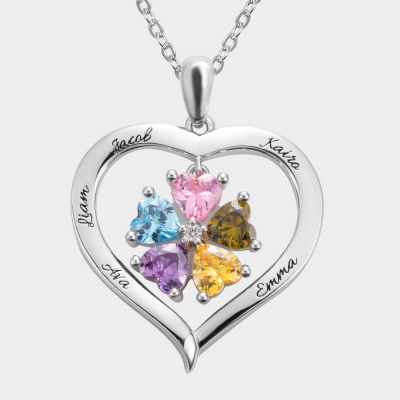 Personalized 5 Heart Birthstones Necklace with Engraving in Silver