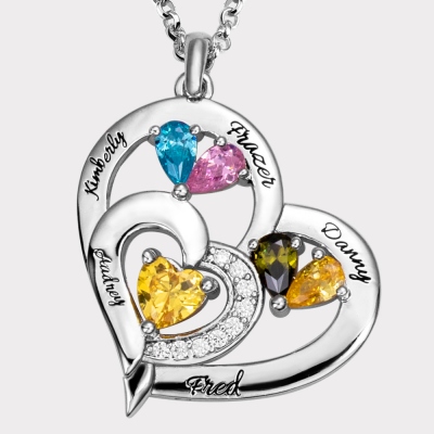 Custom 5 Heart-shaped Birthstones & Names Family Necklace