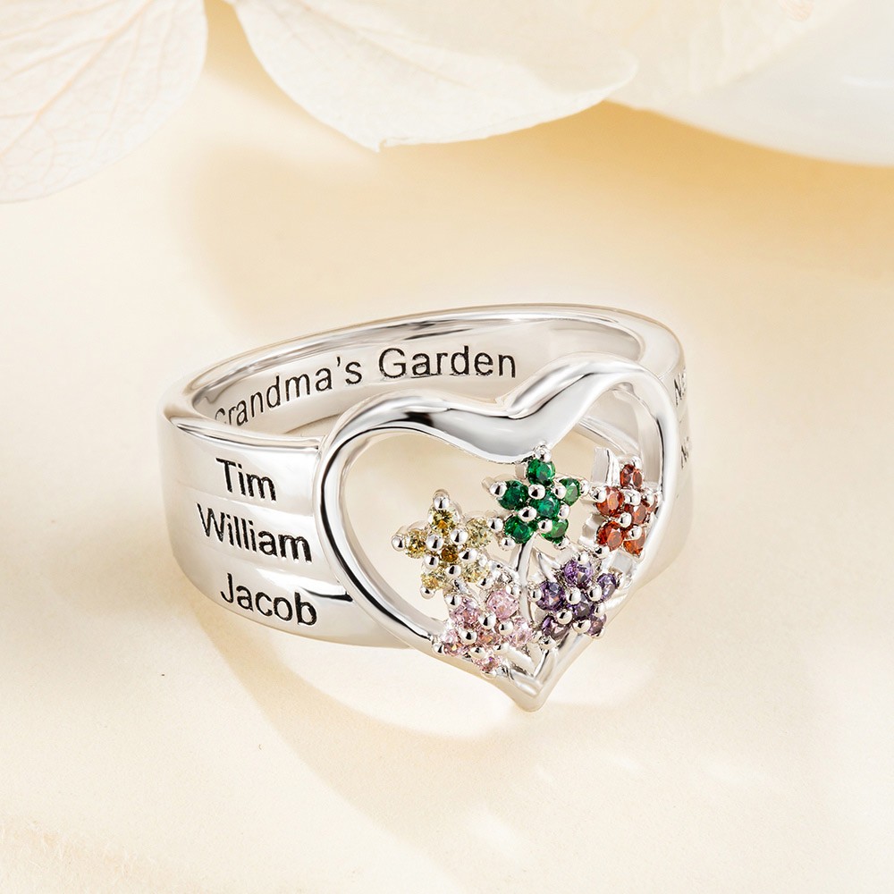 Custom 1-8 Birthstone Flower Ring with Engraving, Our Family Is A Garden Of Love Heart Ring, Flower Design Garden Family Ring for Grandmother/Mother