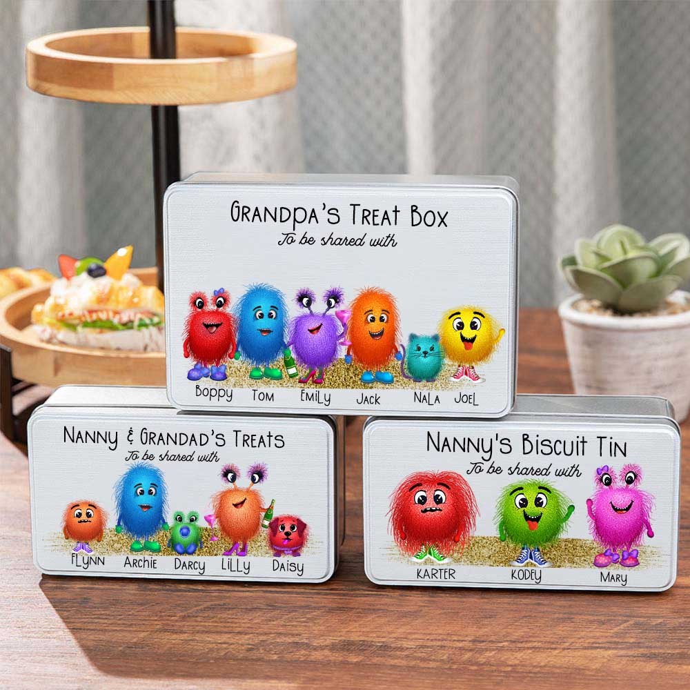 Personalized Biscuit Tin, Cute Cookie Jar with 1-8 Monsters, Cookie/Treat Storage Tin for Kitchen Counter, Decorative Snack Storage Tin
