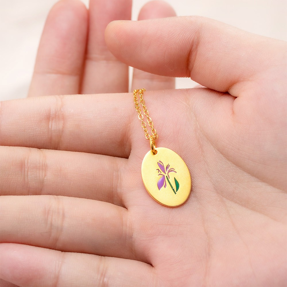 Custom Enamel Birth Flower Necklace with Name, Flower Engraved Charm Pendant in Gold, Birthday/Mother's Day Gift for Wife/Mom/Girlfriend/Daughter